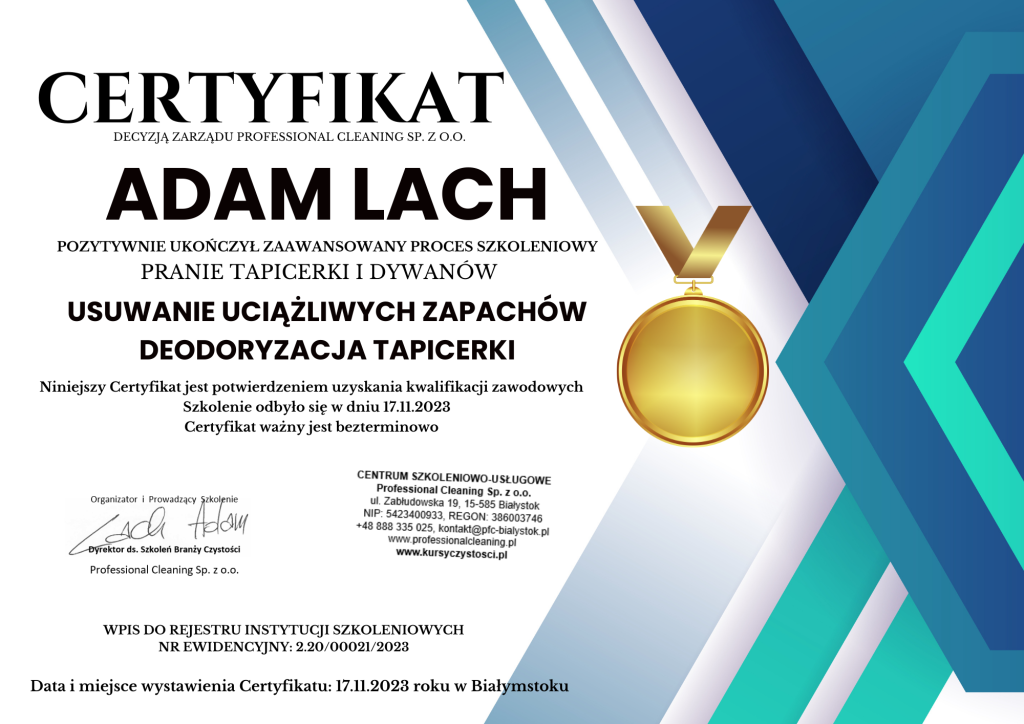 Certyfikat szkolenie usuwanie uciążliwych zapachów